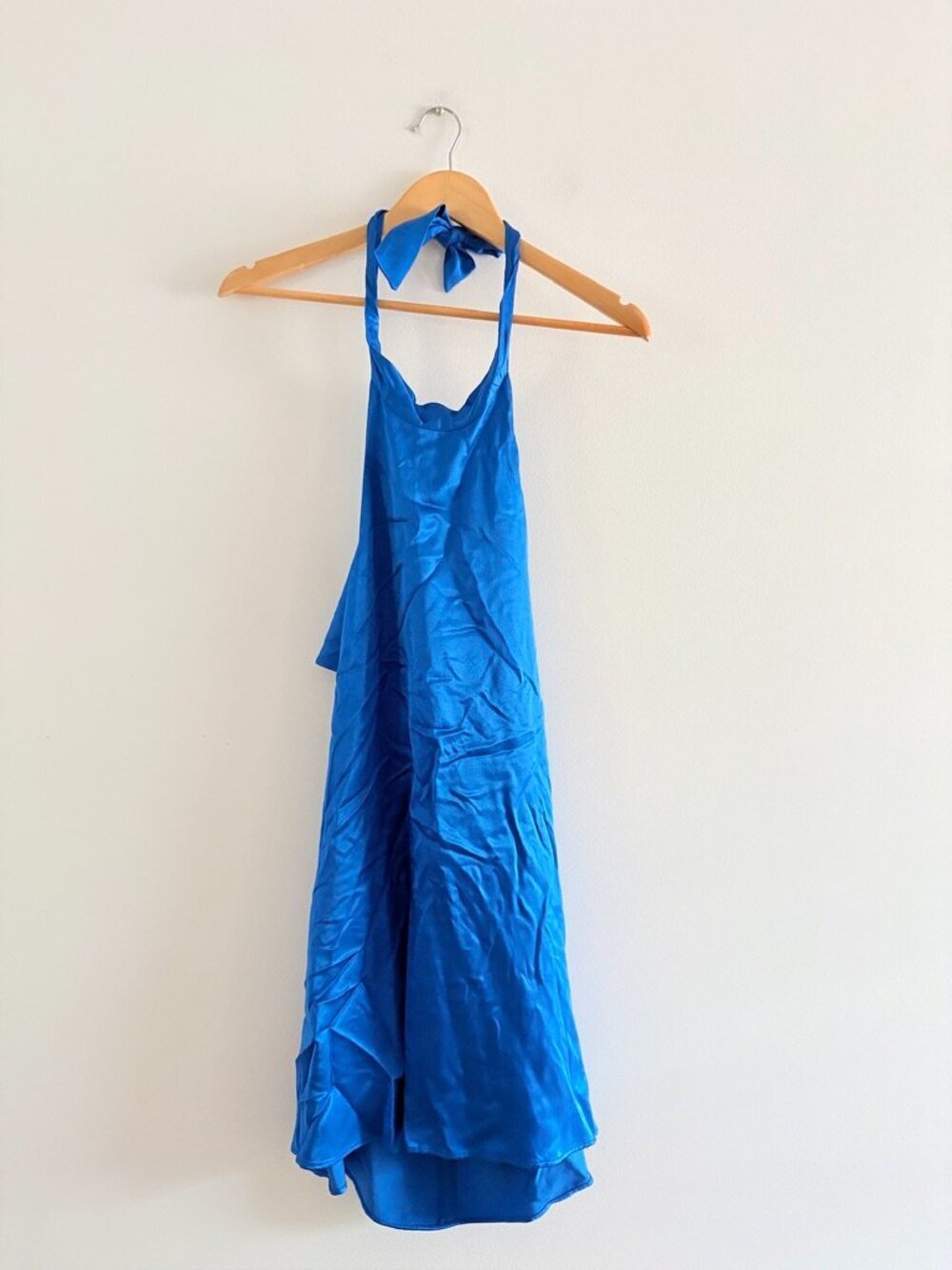 Zara Satin Effect Backless Mini Dress NWT High Neck Cobalt Blue Size Small - Picture 3 of 7
